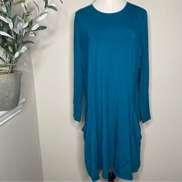Betabrand The Sweatshirt Silk Blend Travel A Line Swing Dress Teal Size XL - Picture 2 of 8